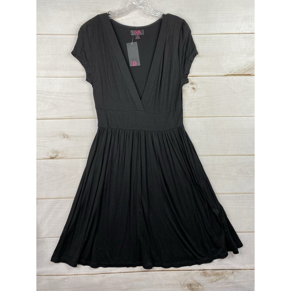 Caroline Morgan CKM Dress XL Black Deep V Neck Knit Cruise Beach Swing ALine NWT